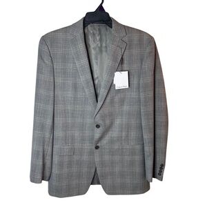 Calvin Klein Blazer Men 42L Slim Fit Gray Plaid Wool Linen Blend Summer Suit NWT